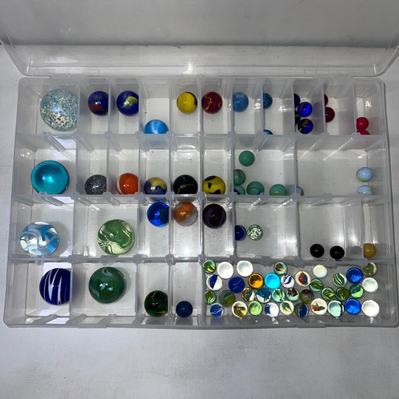 Other - Mixed Lot of Assorted Glass Marbles Shooters Boulders Cats-Eyes with Case